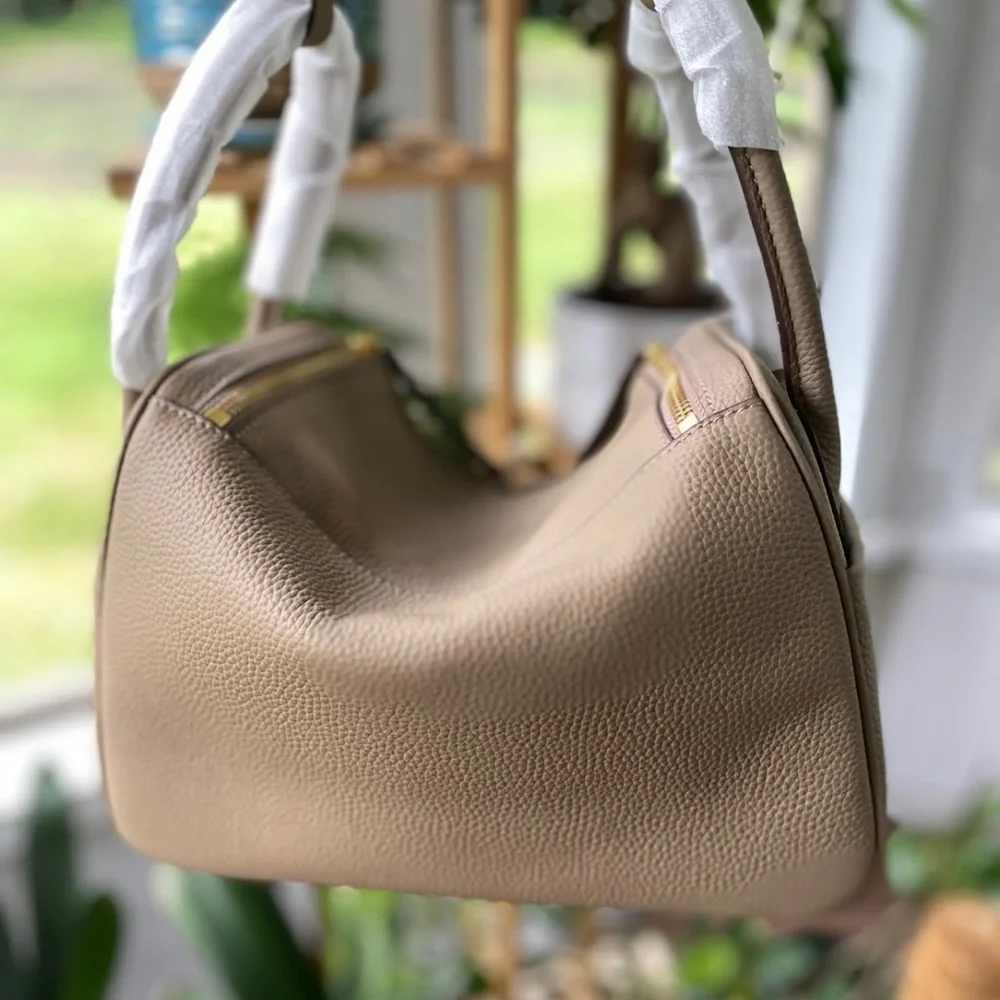 Taupe brown Togo leather Lindy Shoulder Crossbodu Duble Zop Bag - Picture 3 of 12